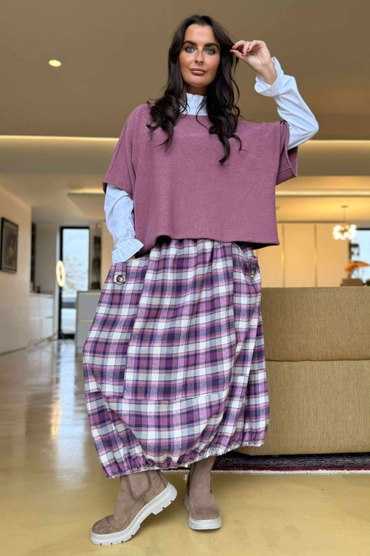 Roberta Plaid Brushed Cotton Balloon Hem Skirt Aubergine
